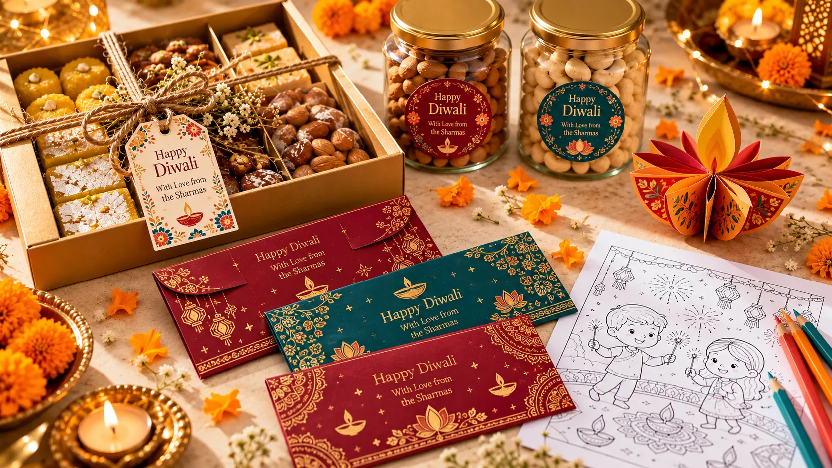 Diwali 2026 Complete Printable Digital Bundle Mockup - Tags, Stickers, Envelopes & Activity Kit